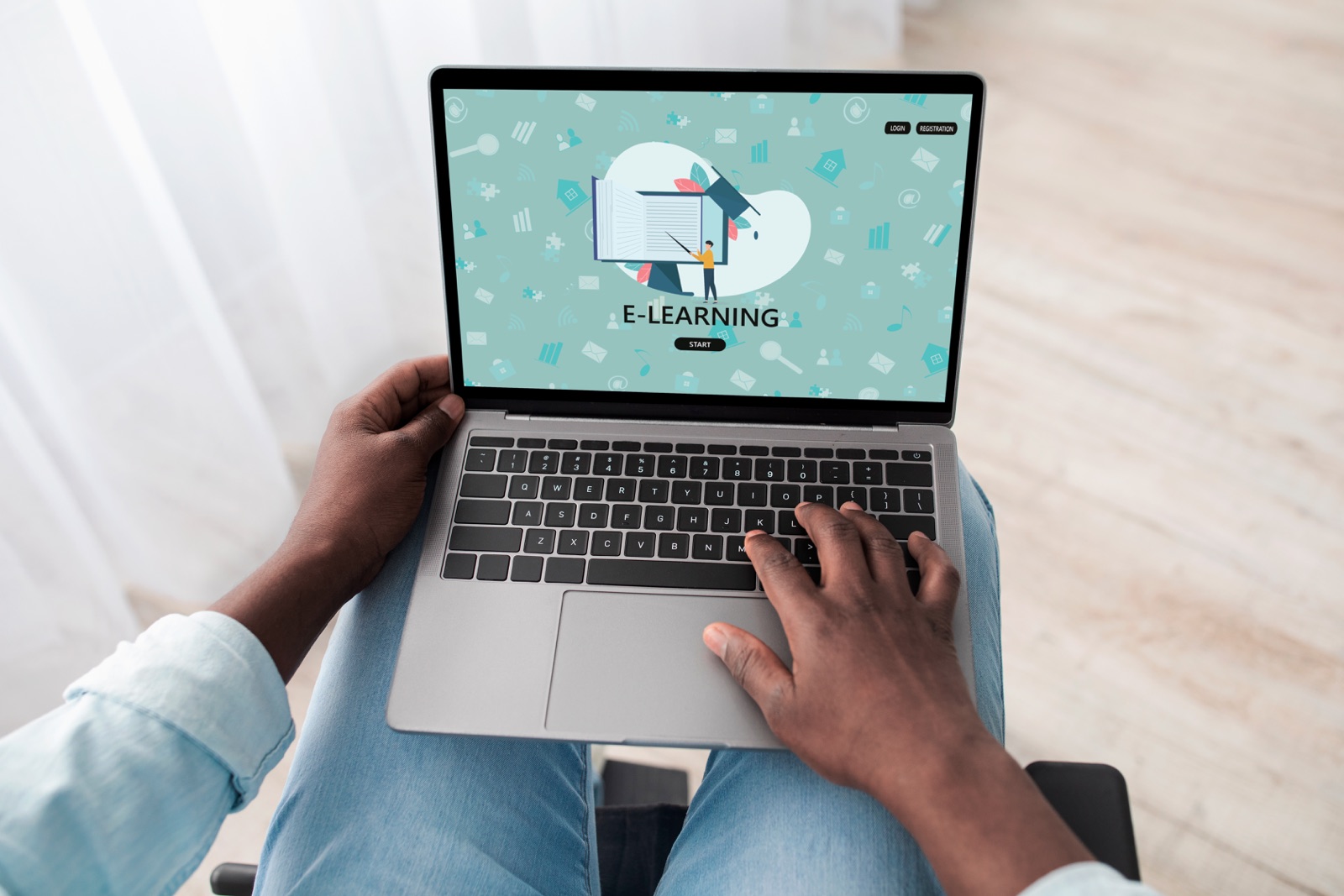 A learner completing an e-learning course on a laptop